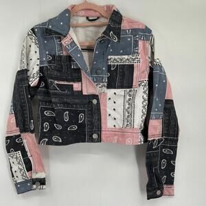Cropped Bandana Patchwork Print Denim Jacket Pink Black